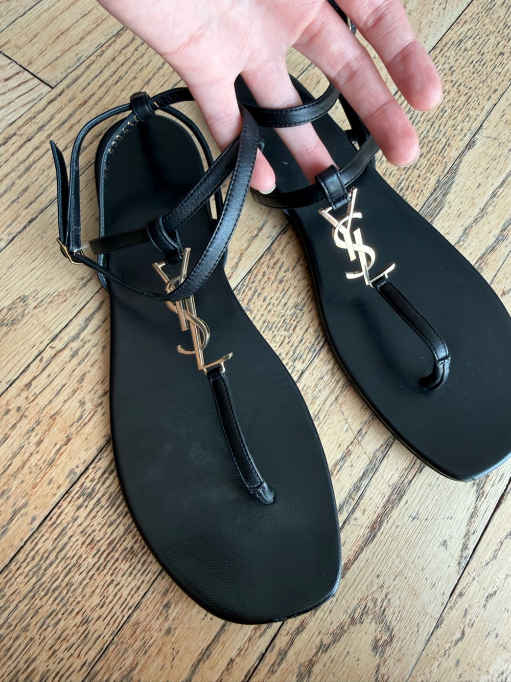 Saint Laurent Black Leather T-Strap Sandals with Gold YSL Accent Size 41